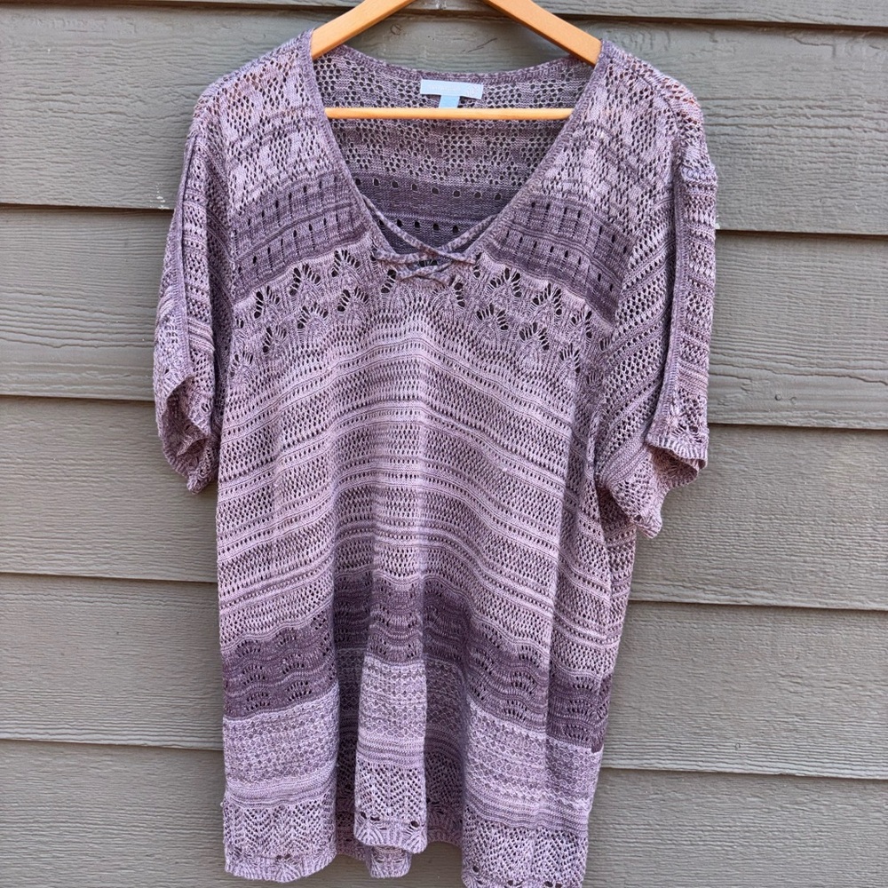 Westport Boho Chic Mauve Crochet Knit V-Neck Top Size XXXL